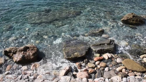 Top-down view of a rocky sea shore in Alanya, Turkey, with waves crashing against the shore. 30 second video. Crystal clear water showcases the rocky seabed and various shades of blue