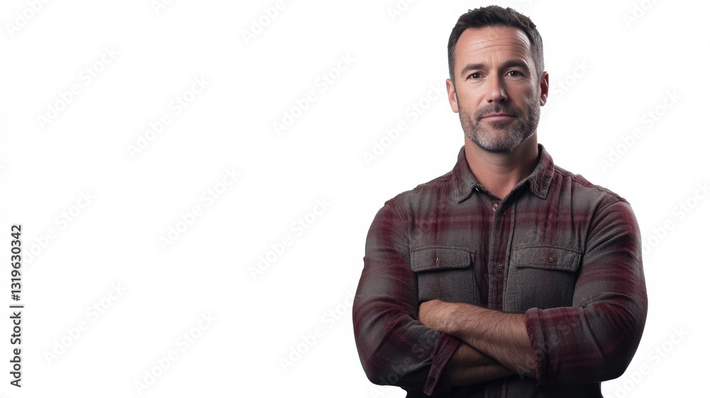 Confident Man in Casual Attire with Arms Crossed Against a White Background Confident Man in Casual Attire with Arms Crossed Against a White Background