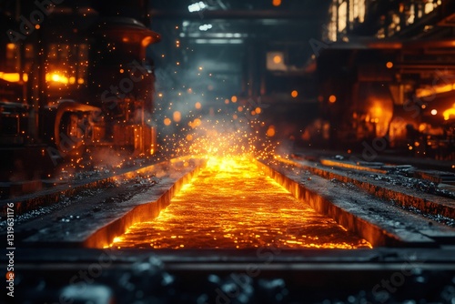 Hot liquid metal flowing in steel mill with flying sparks