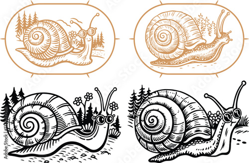 set of  Big snail with sunglasses walking nature vector, engraving sketch ink poster black illustration etching style tattoo, color logo Invertebrate, Snail sunglasses, Mollusc, Escargot, Animal