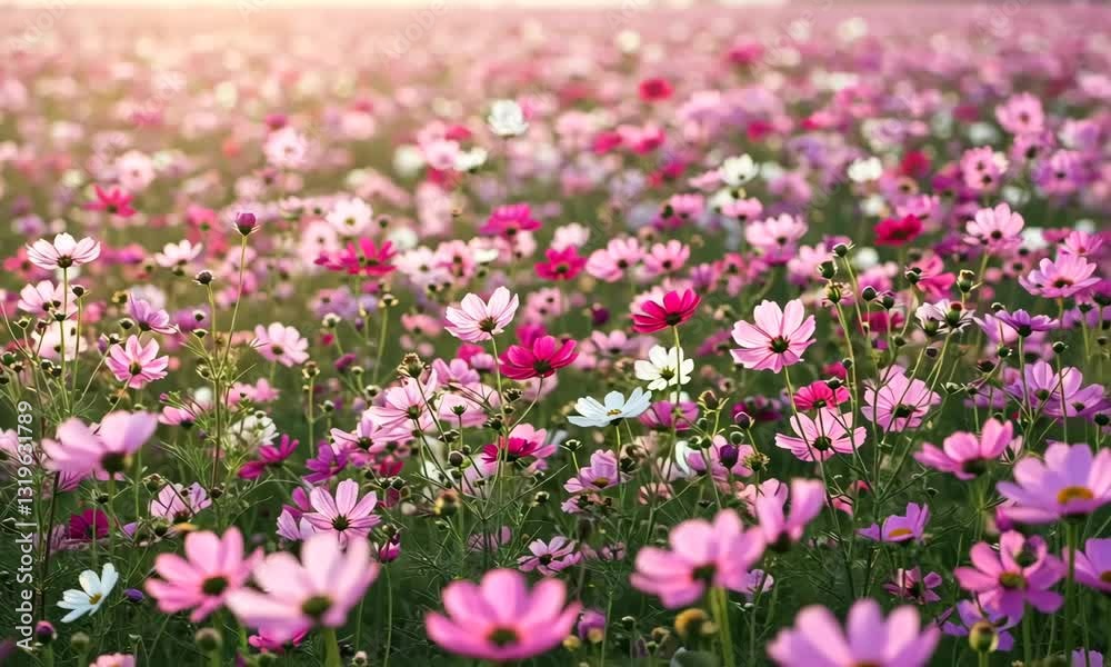 Field Of Pink And White Cosmos Flowers Under Soft Sunlight With Green Leaves Field Of Pink And White Cosmos Flowers Under Soft Sunlight With Green Leaves