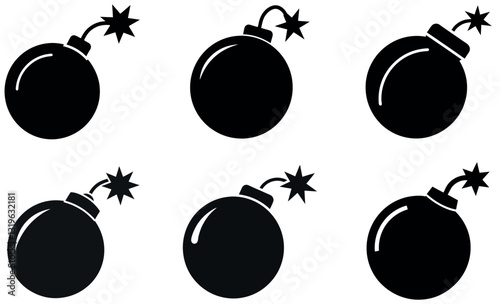Simple Black and White Bomb Icons Set on a white background.