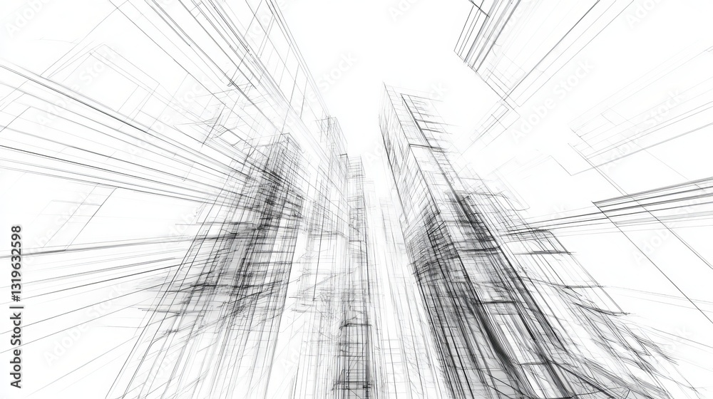 3D illustration of a linear drawing featuring an imaginative urban architecture building design with a modern abstract background 3D illustration of a linear drawing featuring an imaginative urban architecture building design with a modern abstract background