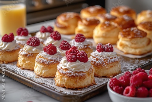 Wallpaper Mural Freshly baked pastries topped with whipped cream and raspberries sprinkled with powdered sugar Delicious and tempting desserts! Torontodigital.ca