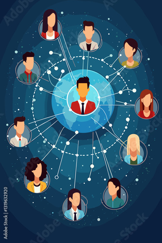 Diverse global network connected by digital technology, symbolizing international collaboration, innovation, communication, and modern teamwork, representing unity in business and society.
