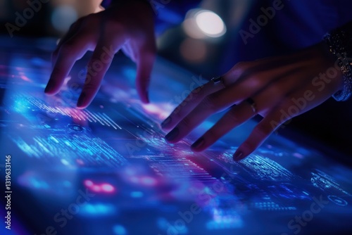 Close-up of hands interacting with a futuristic, holographic interface displaying data.