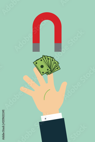 Hand Holding Magnet Attracting Coins and Paper Money Flying Towards It, Business Success, Financial Growth, Investment, Wealth Accumulation, Abundance, Prosperity Concept Vector Graphic