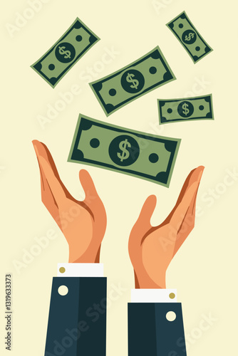 Hands Reaching for Flying Dollar Bills, Symbolizing Investment Opportunity, Financial Growth, and Wealth Accumulation, Business Success, Future Prosperity Concept