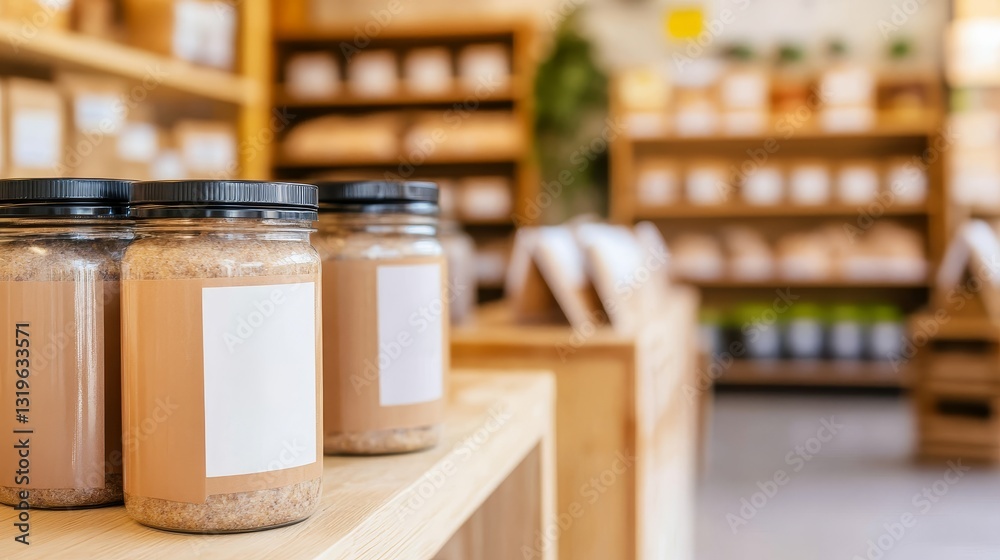 Jars of natural ingredients displayed on wooden shelves in a cozy, eco-friendly store interior Jars of natural ingredients displayed on wooden shelves in a cozy, eco-friendly store interior