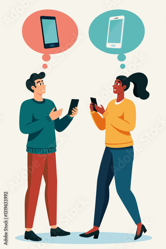Confused Customer Weighing Smartphone Choices, Technology Comparison, Analyzing Features, Benefits, Modern Lifestyle, Digital Device Options, Informed Decision Making, Vector Illustration