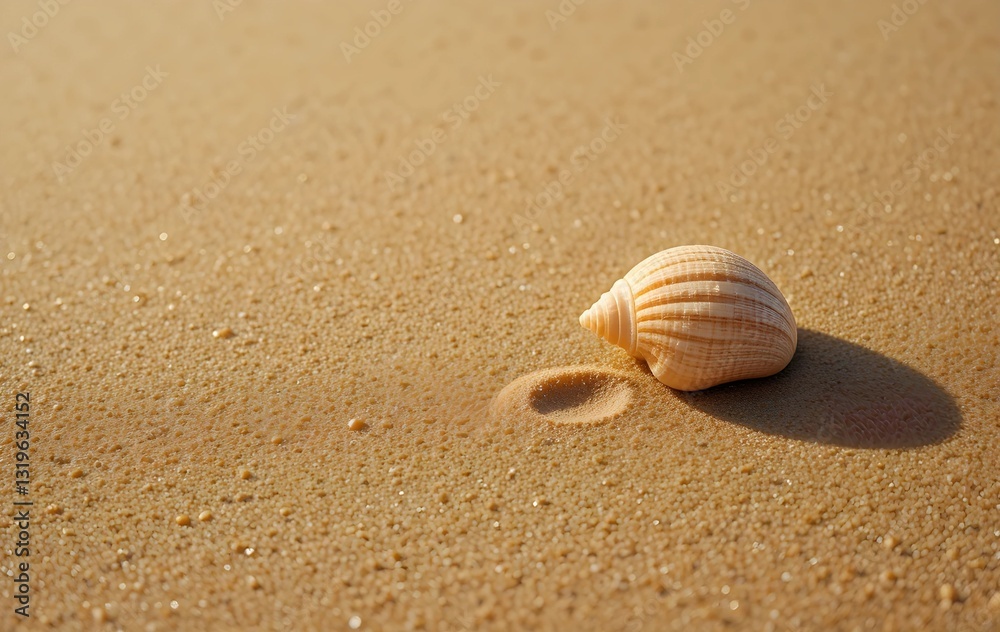 Single seashell on golden beach sand with soft shadows, shell on the beach, seashell on beach sand Single seashell on golden beach sand with soft shadows, shell on the beach, seashell on beach sand