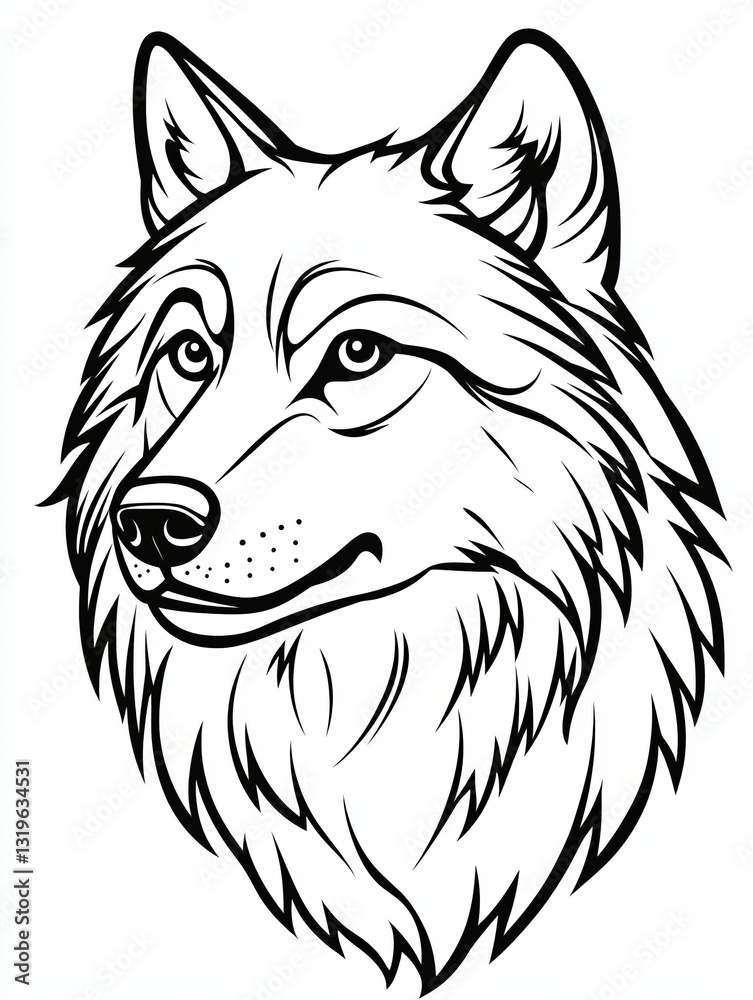 Fototapeta Detailed Black and White Illustration of a Wolf Head with Intricate Fur Patterns