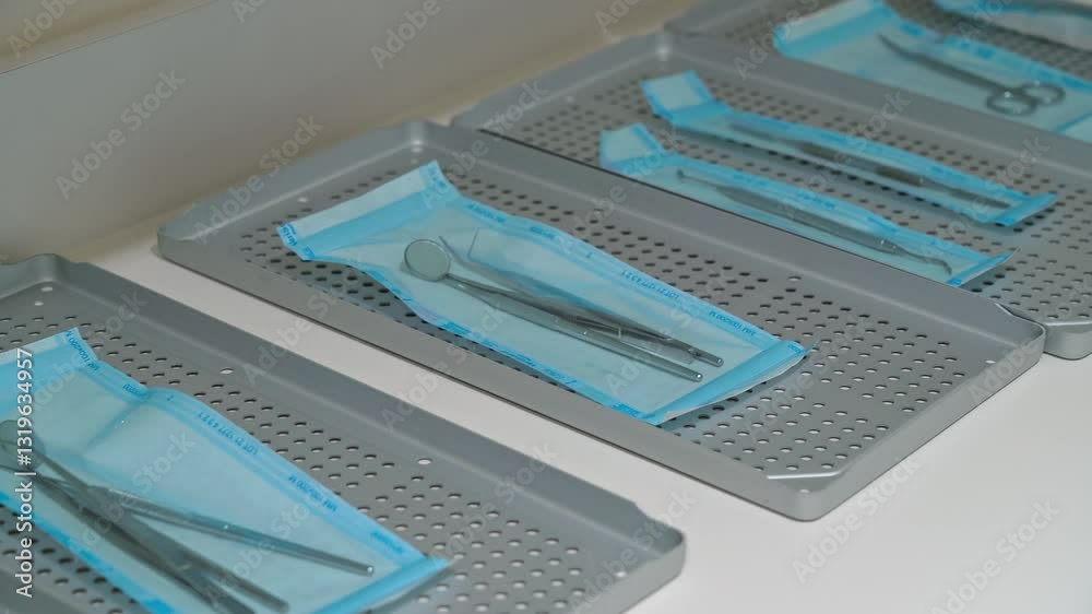 Sterilized dental instruments sealed in blue medical pouches placed on ...