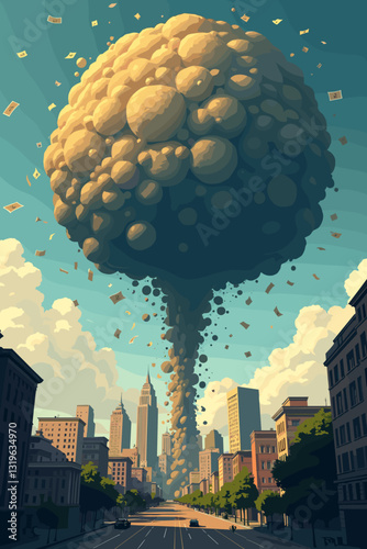 Looming Financial Crisis Vector Graphic, Cityscape Silhouette, Debt Bubble Bursting, Economic Recession, Investment Risk, Urban Finance Concerns, Business Downturn