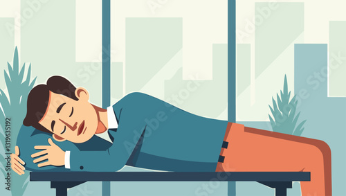 Office Worker Relaxing Recharging with Quick Nap Business Employee Taking Short Break Sleepy Man Resting Head on Desk Workplace Wellbeing Tiredness Stress Relief in Modern Office