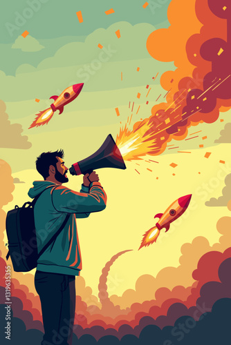 Activist Man with Megaphone Launches Rockets into Vibrant Sunset Sky, Expressing Powerful Protest and Rebellion for Social Change, Vector Illustration for Advocacy Campaigns