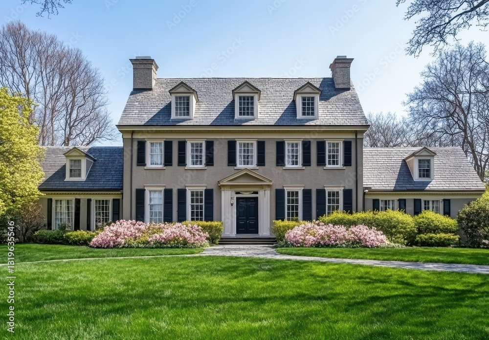 Elegant two-story home with classic architecture, picturesque garden, blooming flowers, and vibrant green lawn in serene suburban neighborhood setting Elegant two-story home with classic architecture, picturesque garden, blooming flowers, and vibrant green lawn in serene suburban neighborhood setting