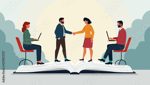 Diverse global business team connecting with handshake over knowledge sharing collaboration teamwork partnership innovation success in modern office environment professional development