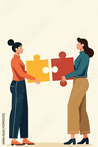 Diverse women team collaboration assembling puzzle, arrows, connecting ideas, success concept, global partnership, teamwork solution, progress strategy, business vector graphic
