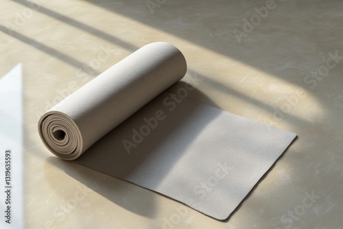 Minimalistic yoga mat on a light background with muted tones and ample space for a calming atmosphere