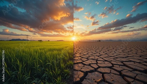 Conceptual Landscape Showing Green Field and Dry Cracked Earth