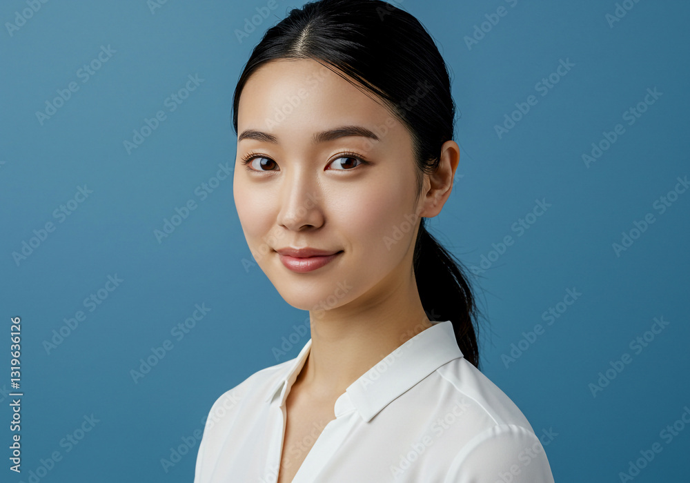 A young woman with a confident, serene expression wears a white blouse against a blue background. Her sleek black hair is tied back, highlighting her natural beauty and professional look. A young woman with a confident, serene expression wears a white blouse against a blue background. Her sleek black hair is tied back, highlighting her natural beauty and professional look.