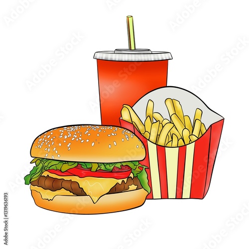 Illustration fast food, mcdonalds food, fries, burger, drink