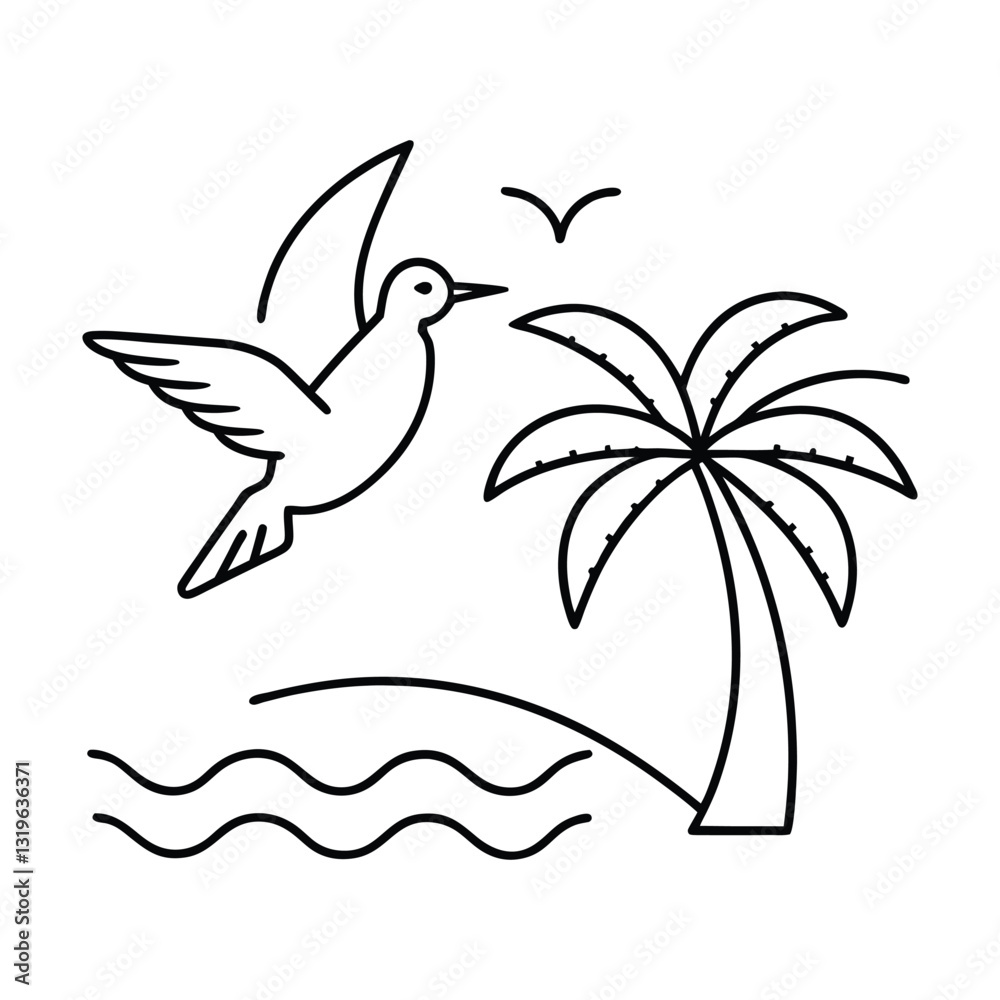 Tropical island with palm trees and ocean waves in a vector illustration Tropical island with palm trees and ocean waves in a vector illustration