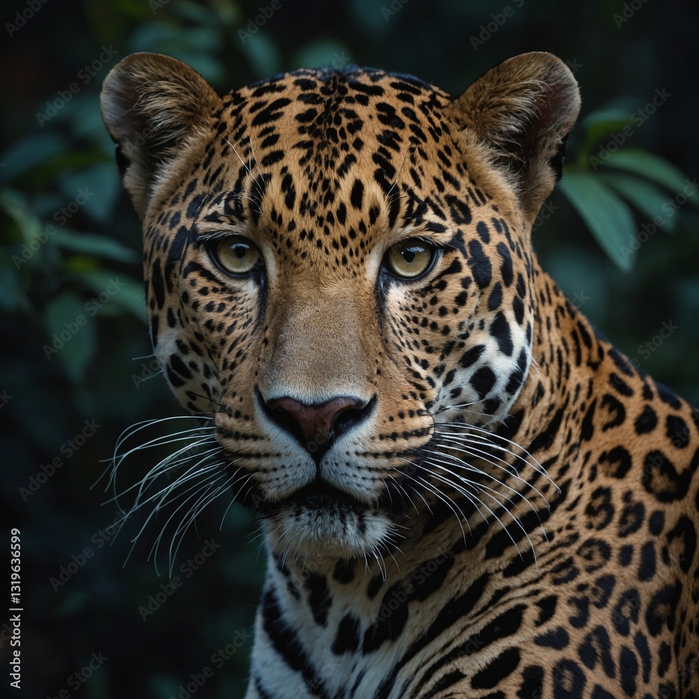 Obraz premium Close-up portrait of a majestic jaguar with striking spots in a lush green environment 