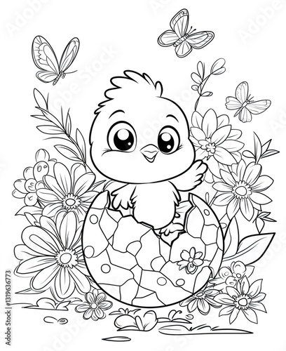 Cute chick hatching from egg surrounded by flowers and butterflies, easter coloring page. Generative ai illustrations