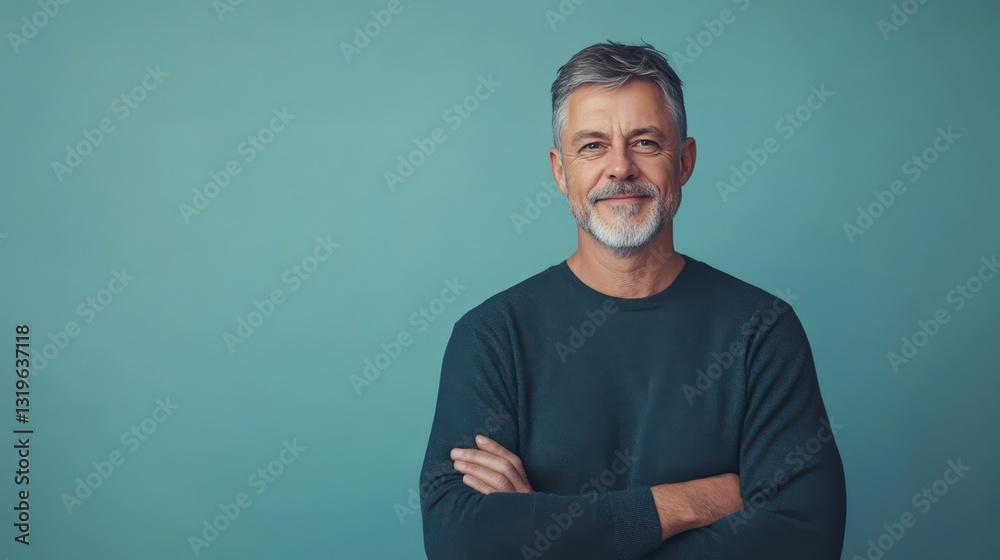 Fototapeta premium Confident Middle-Aged Man Smiling Against a Soft Blue Background
