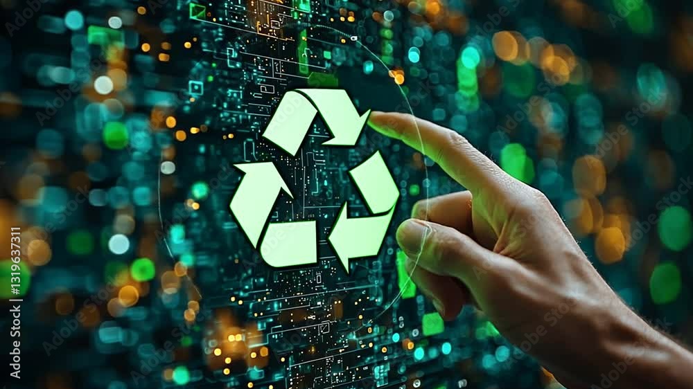 Recycling Technology: Hand Touching a Glowing Green Recycle Symbol on Digital Screen