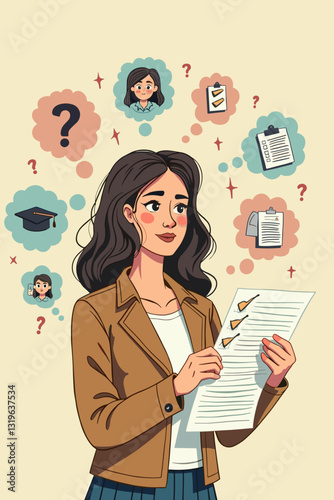 Thoughtful Woman Brainstorming Ideas at Desk, Creating To-Do List for Project Planning, Solving Problems for Business Growth, Creative Solutions Concept Vector Illustration