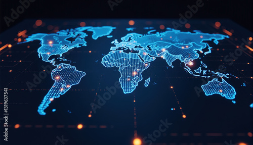 Glowing digital world map showing global connections and data flow. Futuristic technology background.