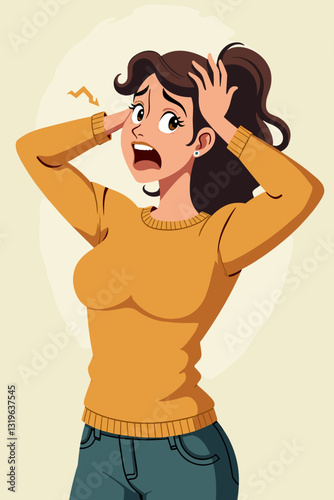 Stressed Woman Overwhelmed by Modern Life Pressure, Deadline Anxiety, Frustration and Emotional Exhaustion, Urban Lifestyle Challenges, Mental Health Illustration, Vector Graphic
