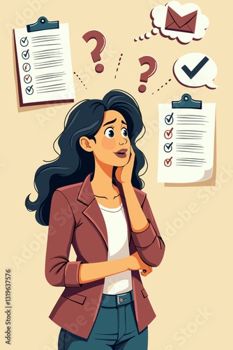 Thoughtful Businesswoman Brainstorming Ideas Solving Problems and Planning Tasks In Office To-Do List Productivity Strategy Vector Illustration Creative Solutions Workflow Management
