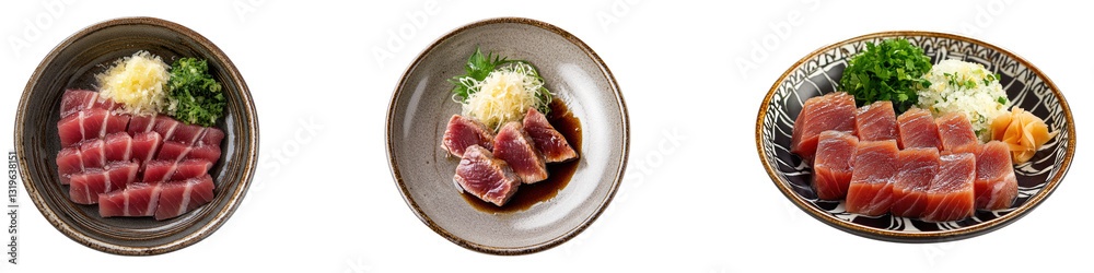Maguro Tataki seared tuna with ponzu Isolated on transparent background, PNG, Set of Maguro Tataki seared tuna with ponzu Isolated on transparent background, PNG, Set of