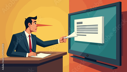 Exaggerated Nose Presenter Spreading Falsehoods on News Television Realistic Vector Graphic Propaganda Misleading Media Deception Broadcaster Bias Editorial Cartoon Illustration