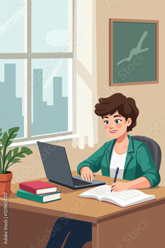 Modern home study scene, student workspace vector graphic, featuring laptop books notepad and plant, ideal for depicting online education, remote learning and productive workflow