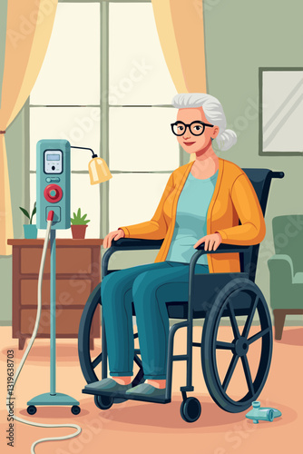 Elderly Woman with COPD Receives Oxygen Support in Wheelchair at Cozy Home Healthcare Setting, Respiratory Disease Management, Assisted Living, Geriatric Care Illustration