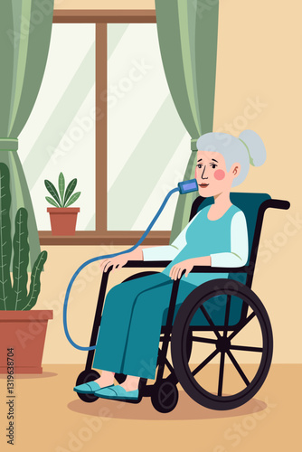 Elderly Woman with COPD receiving Oxygen Therapy in a Wheelchair at Home Health, Loving Care and Support, Senior Healthcare, Medical Assistance, Lung Disease Management