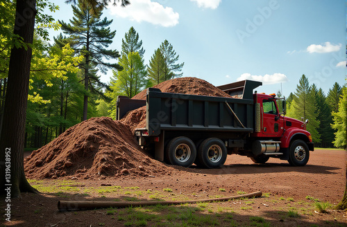 Red dump truck unloading soil in a forest.  Perfect for construction, landscaping, and transportation related projects.
