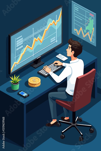 Stock Market Analysis Charts, Investment Strategy Planning, Global Finance Trends, Trader Analyzing Data, Bull & Bear Icons, Growth Arrows, Profitable Investment Decisions