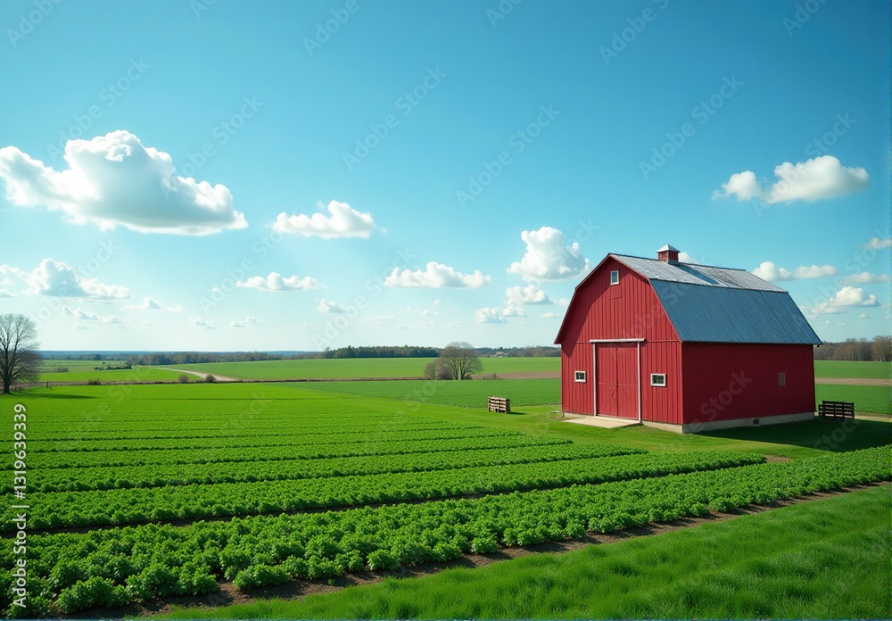 Idyllic rural landscape with a red barn in a vibrant green field under a bright blue sky. Idyllic rural landscape with a red barn in a vibrant green field under a bright blue sky.