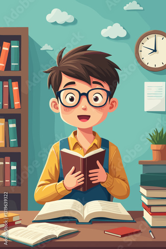 Happy Young Student Reading Book Eagerly, Smiling, Learning, Education Concept, Elementary School, Knowledge Acquisition, Study, Vector Illustration, Positive Emotions, Growth, Bright Colors