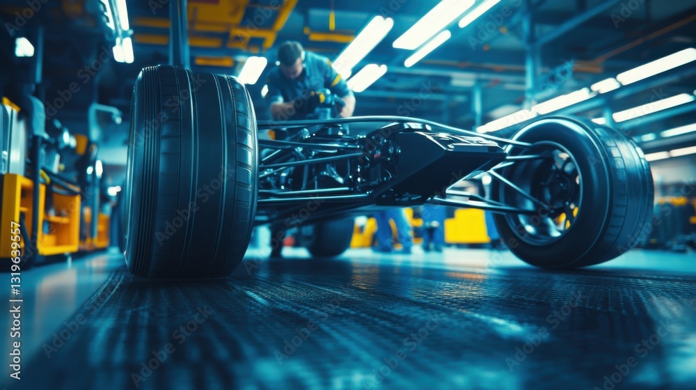 Obraz premium Close-Up of Automotive Workshop with Focus on Car Wheel and Mechanics