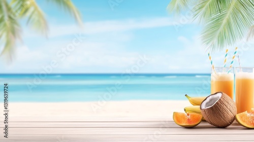Refreshing tropical drinks with fruits on a beachside table, showcasing a serene ocean view
