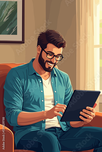 Relaxed Man Updating Tablet at Home using WiFi, Modern Technology Lifestyle, Wireless Internet Connection, Checking News, Social Media, Communication, Leisure Activity, Graphic Vector