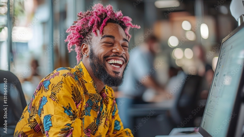 Naklejka premium Joyful young man with colorful hair and shirt smiling at computer in modern creative workspace