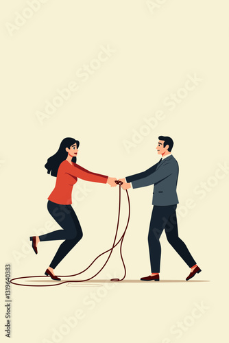 Determined Woman Leading Hesitant Man with Rope Adventure Encouragement Success Challenge Teamwork Goal Achievement Progress Motivation Forward Movement Vector Illustration
